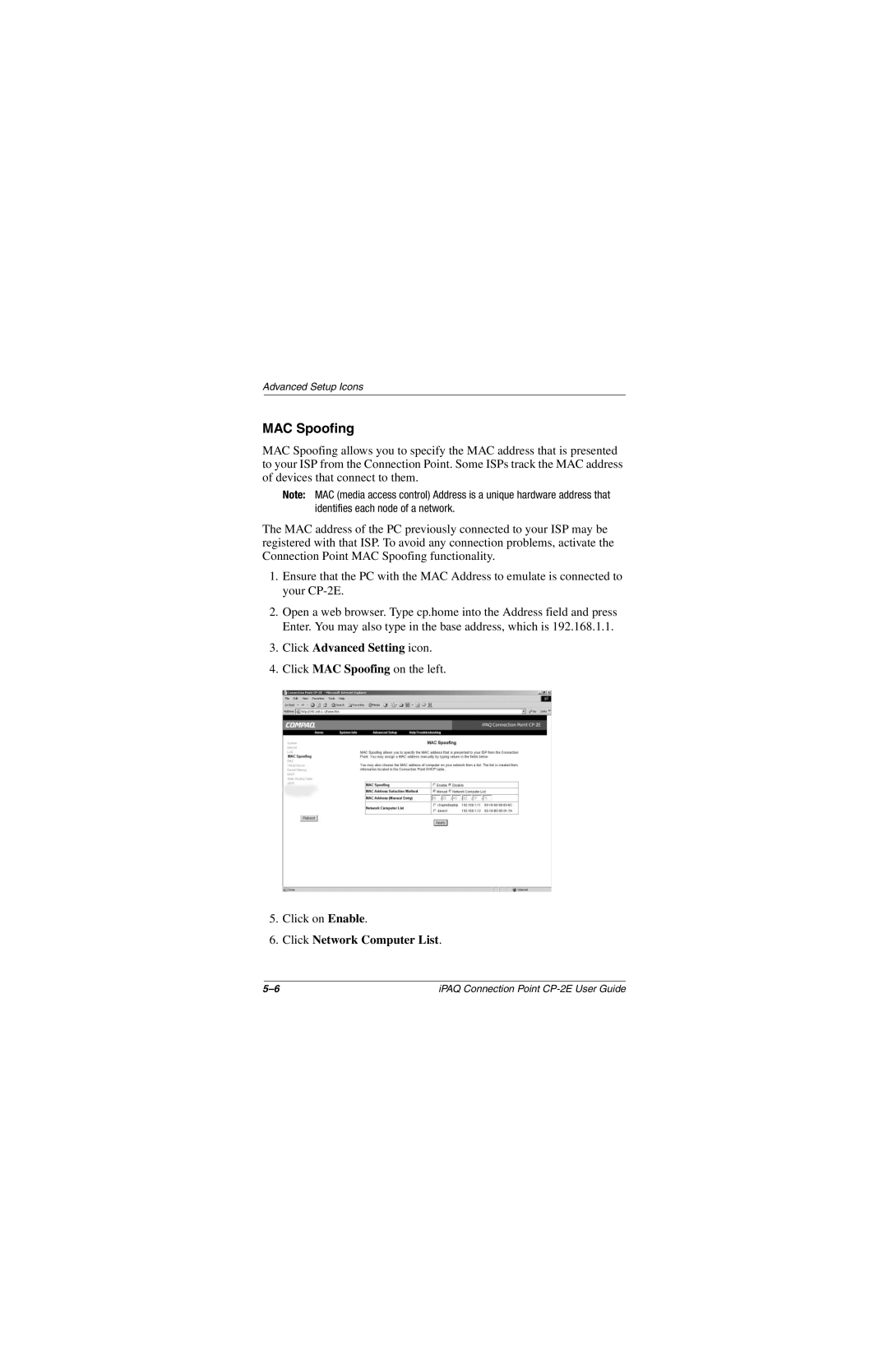 Compaq CP-2E manual MAC Spoofing, Click Network Computer List 