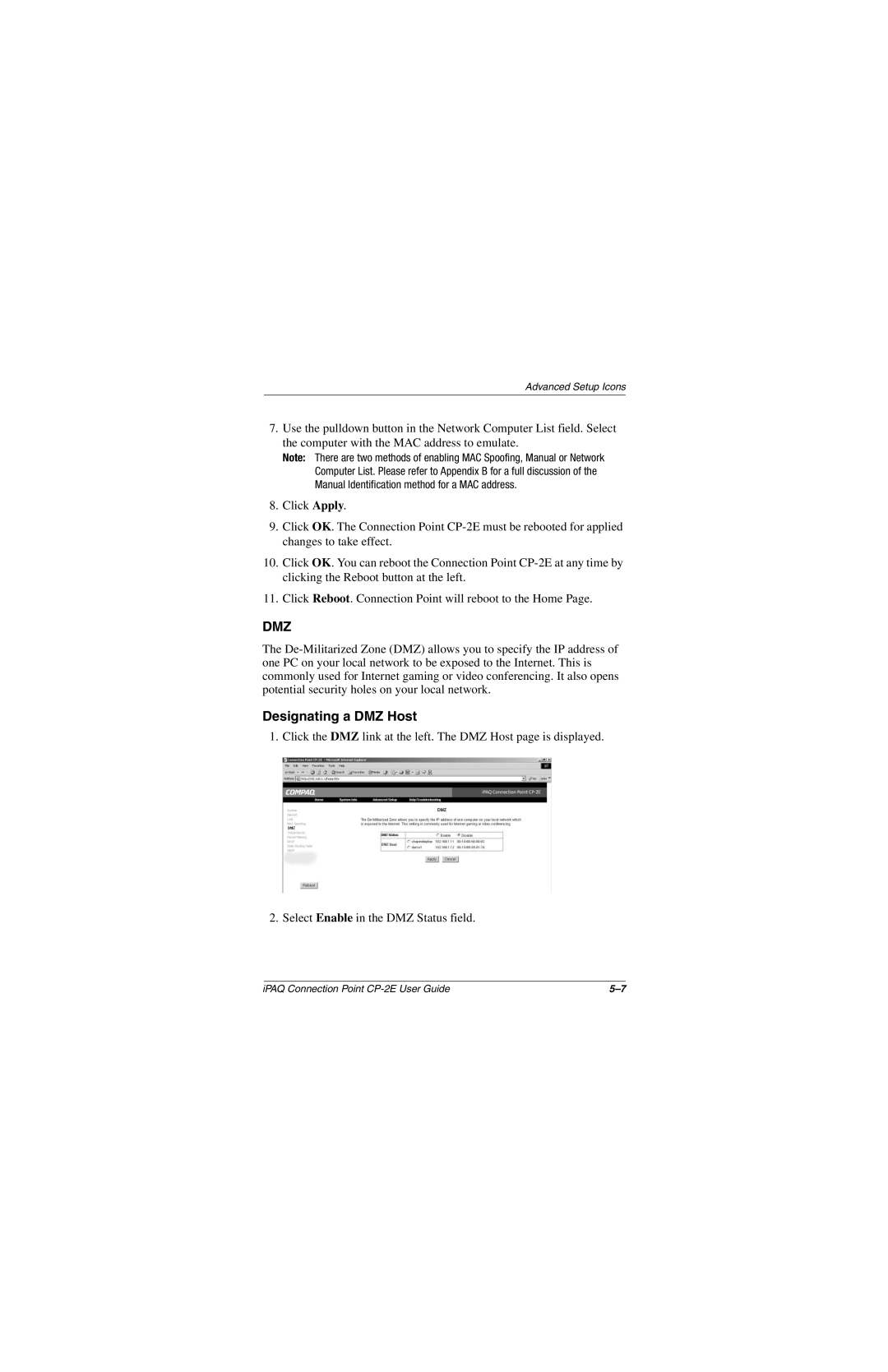 Compaq CP-2E manual Dmz, Designating a DMZ Host 