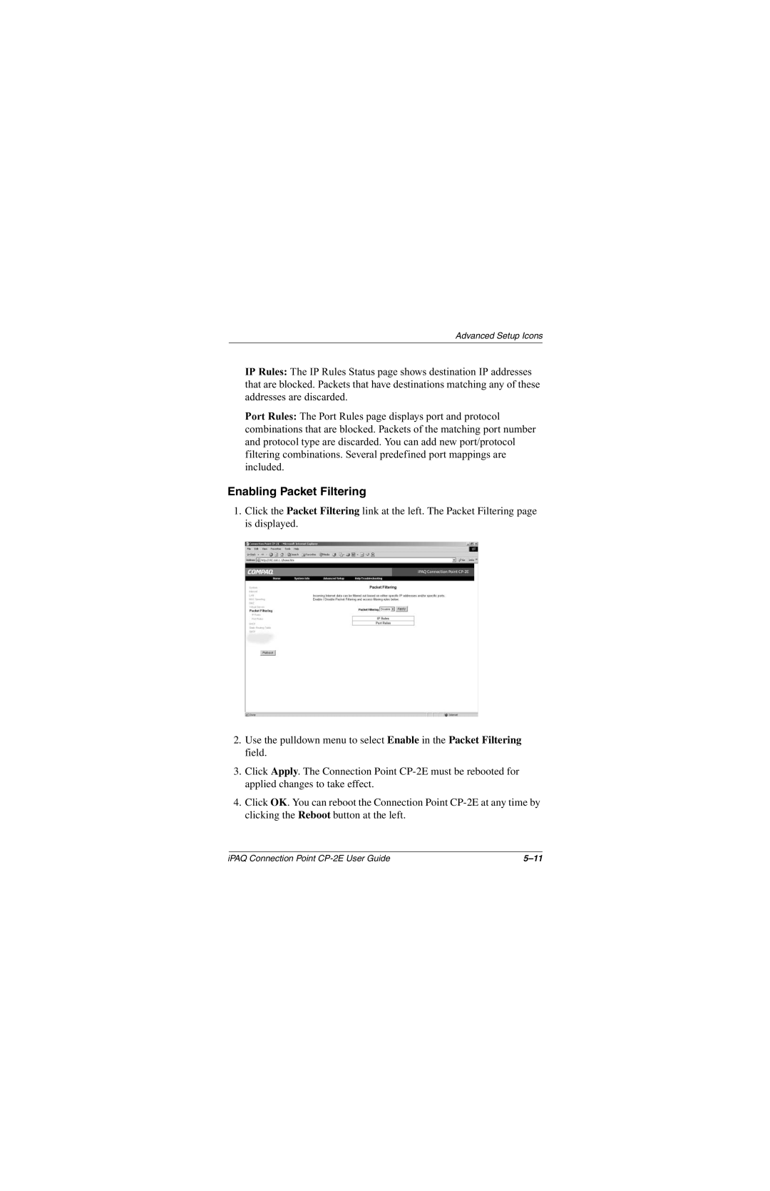 Compaq CP-2E manual Enabling Packet Filtering 