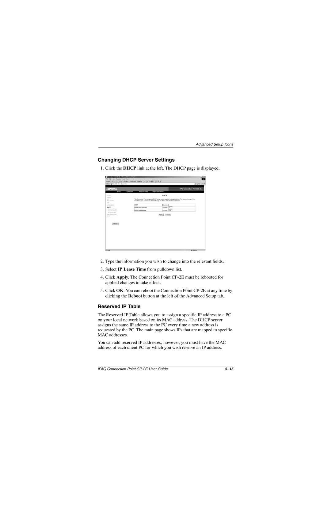 Compaq CP-2E manual Changing Dhcp Server Settings, Reserved IP Table 