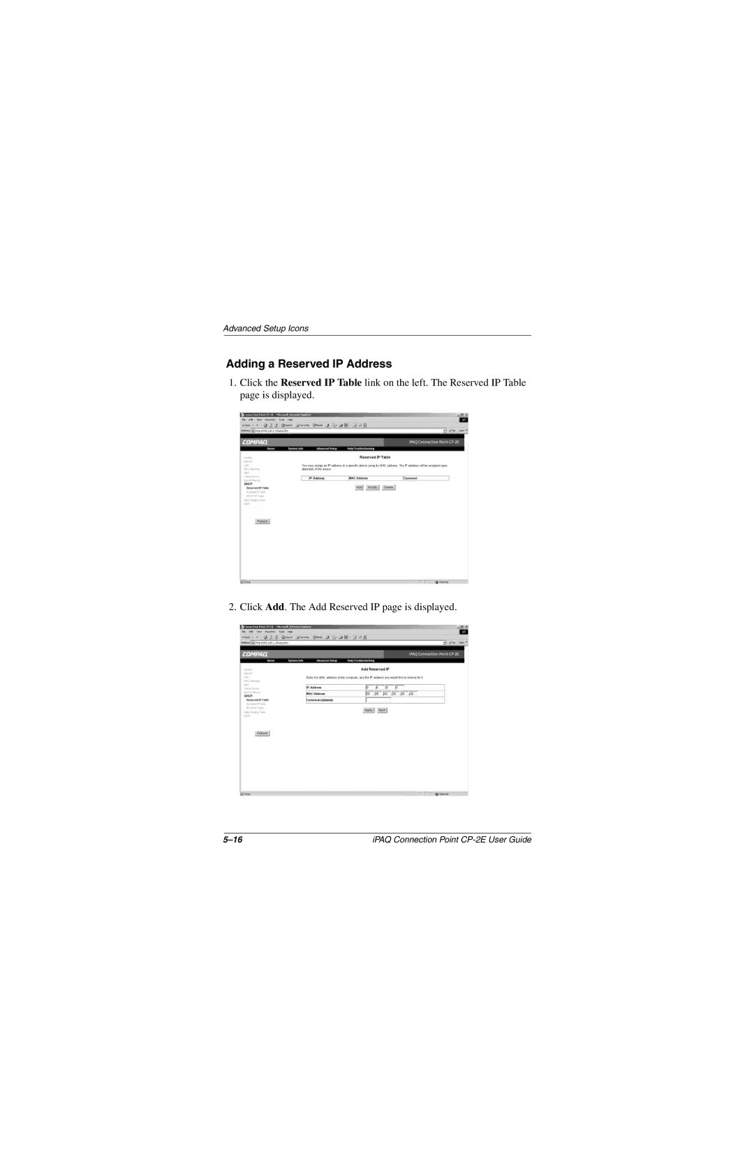 Compaq CP-2E manual Adding a Reserved IP Address 