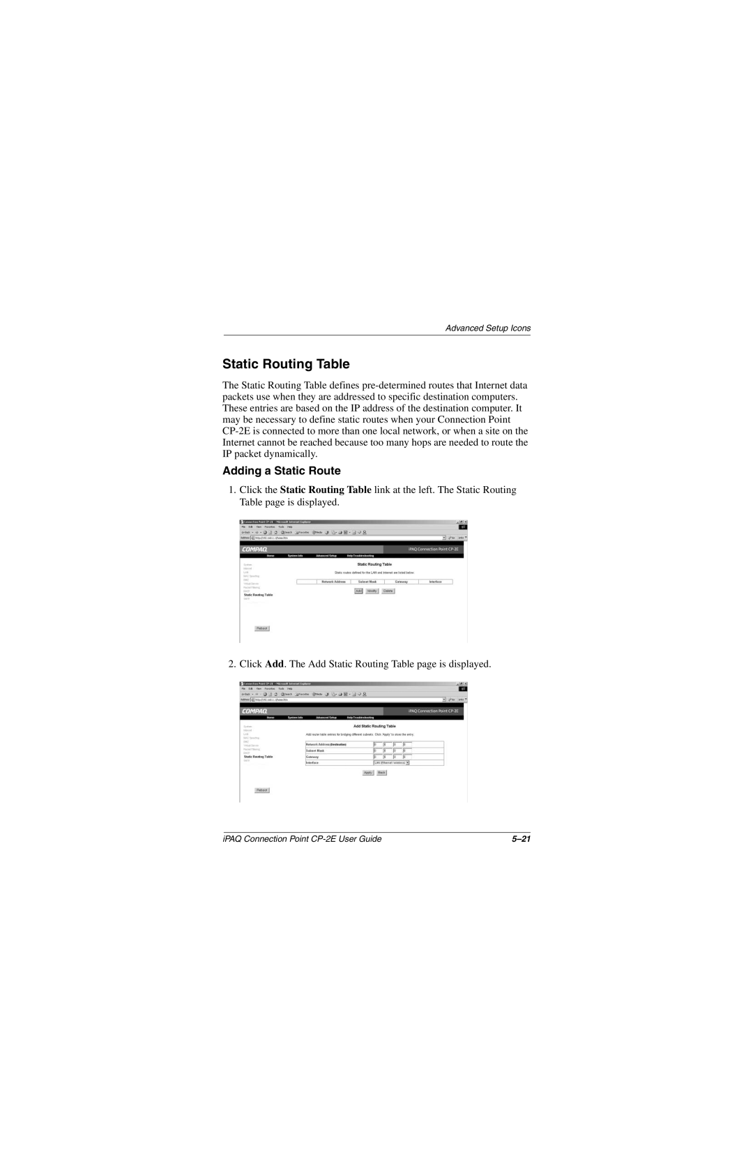 Compaq CP-2E manual Static Routing Table, Adding a Static Route 