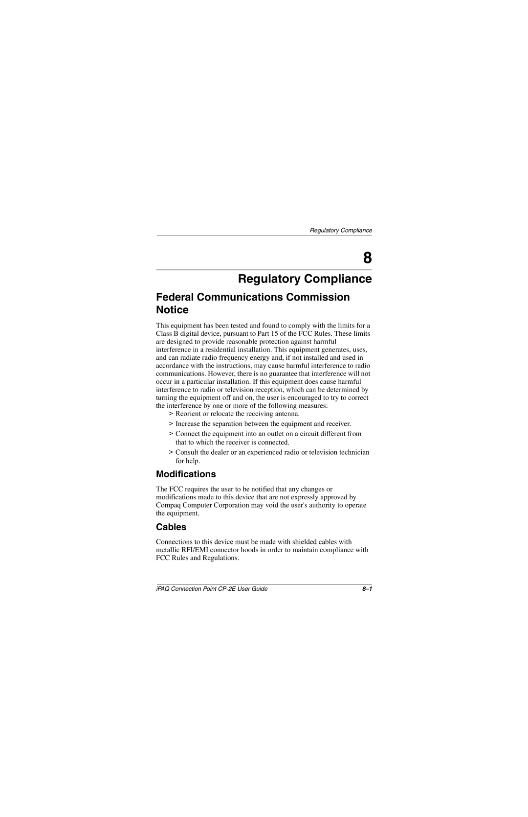 Compaq CP-2E manual Regulatory Compliance, Modifications, Cables 