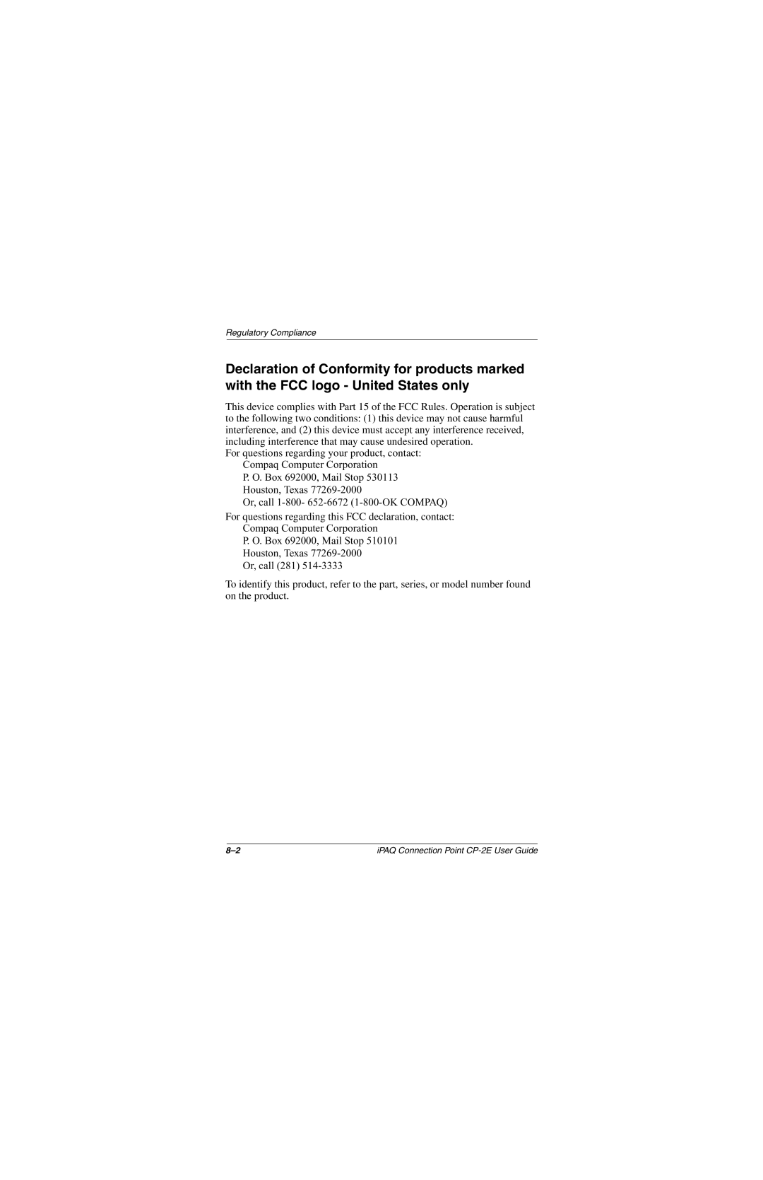 Compaq CP-2E manual Regulatory Compliance 