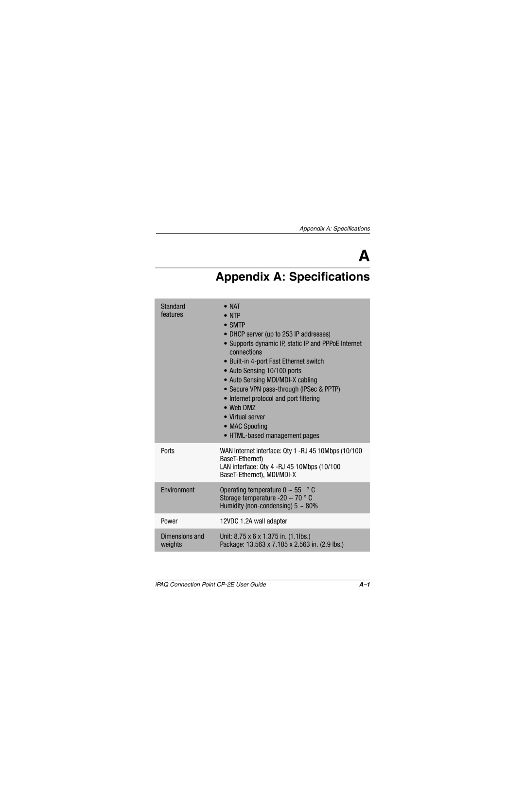 Compaq CP-2E manual Appendix a Specifications, NAT NTP Smtp 