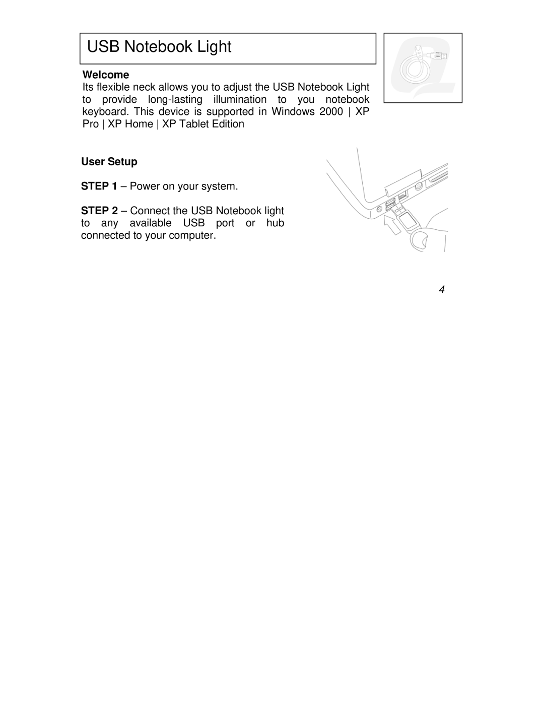 Compaq CPQ04MAK manual USB Notebook Light, Welcome, User Setup 