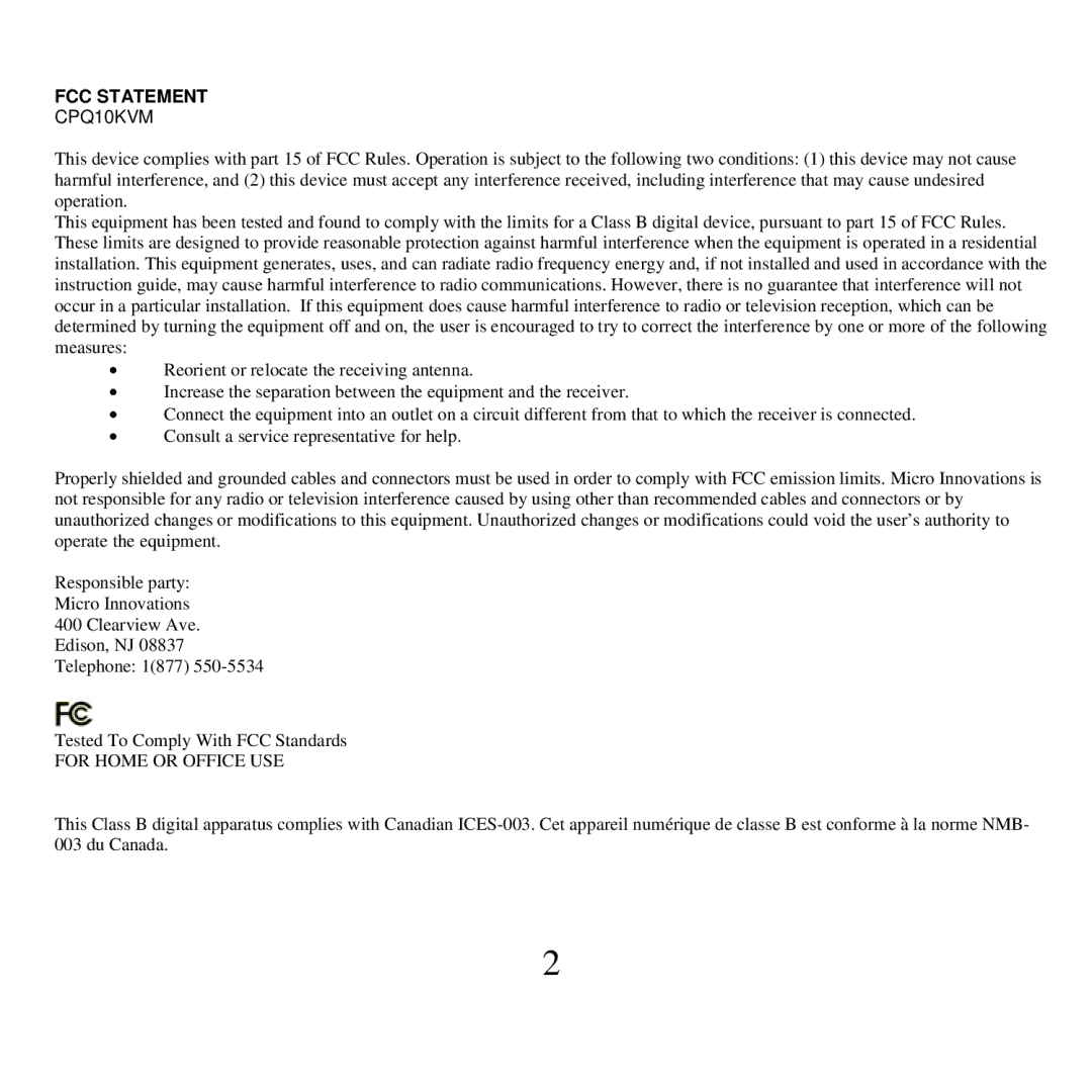 Compaq CPQ10KVM manual FCC Statement 