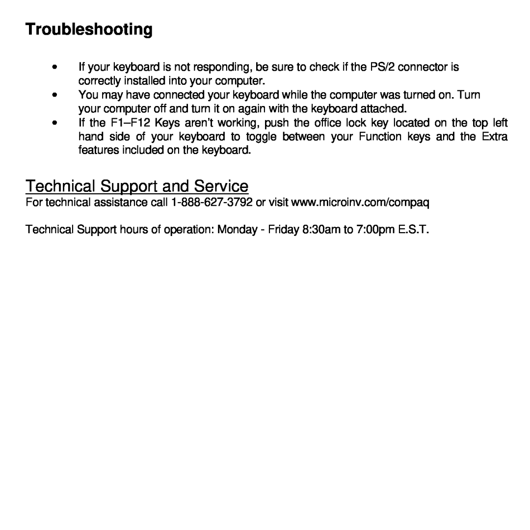 Compaq CPQ135KB manual Troubleshooting, Technical Support and Service 