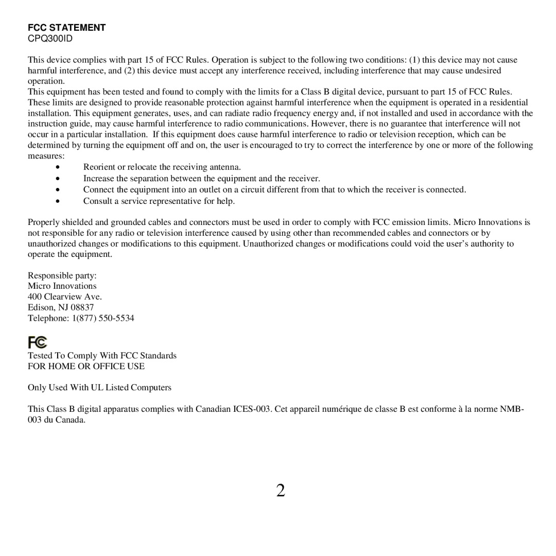 Compaq CPQ300iD manual FCC Statement 