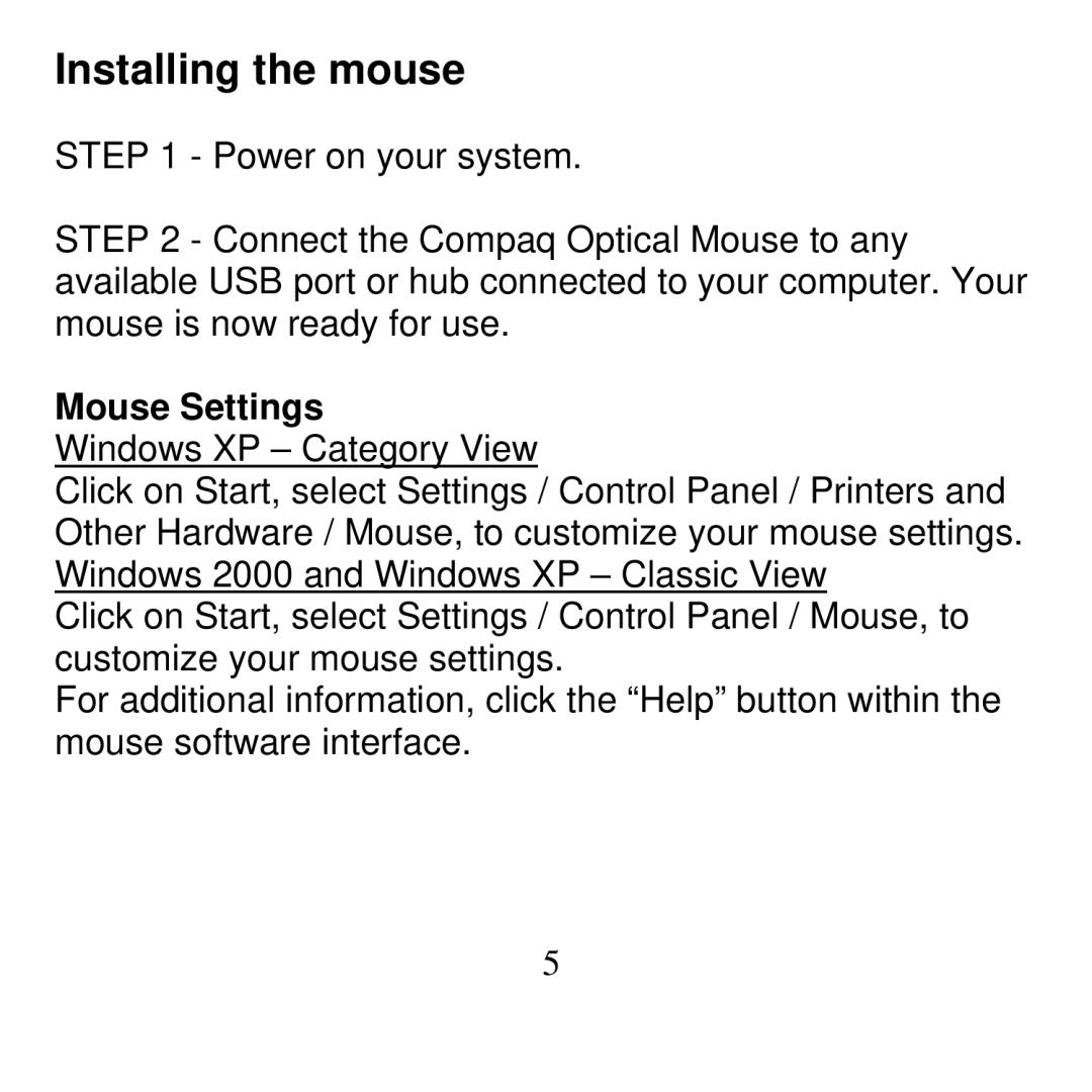 Compaq CPQ300iD manual Installing the mouse, Mouse Settings 