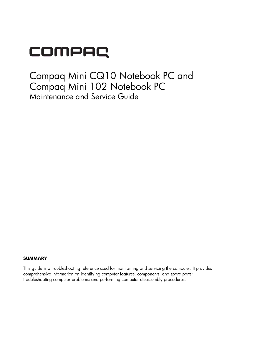 Compaq manual Compaq Mini CQ10 Notebook PC and Compaq Mini 102 Notebook PC 