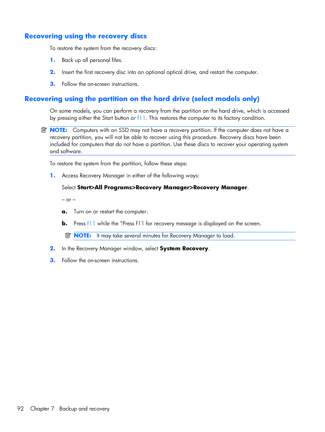 Compaq CQ10, 102 manual Recovering using the recovery discs, Select StartAll ProgramsRecovery ManagerRecovery Manager 