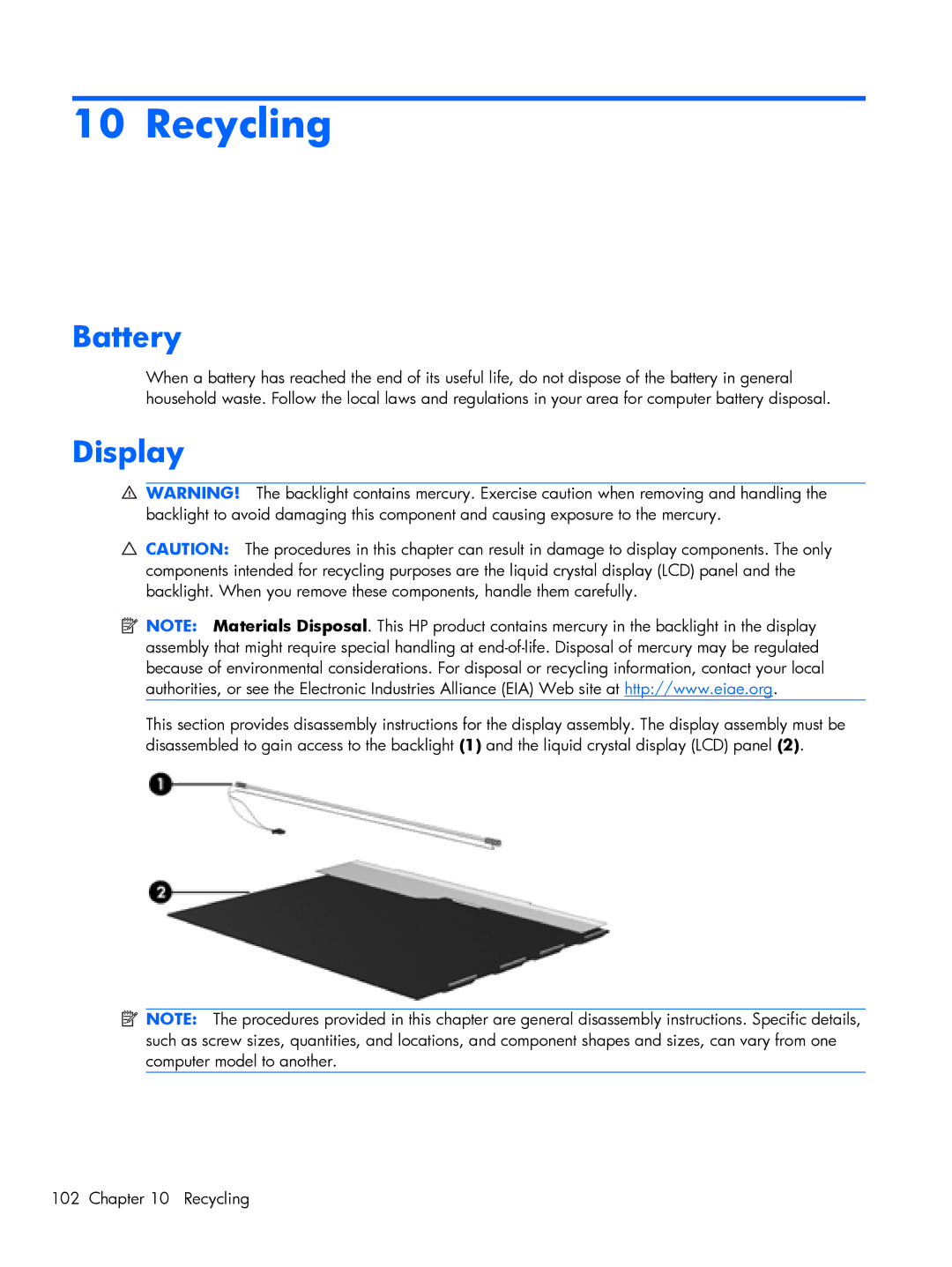 Compaq CQ10, 102 manual Recycling, Battery, Display 