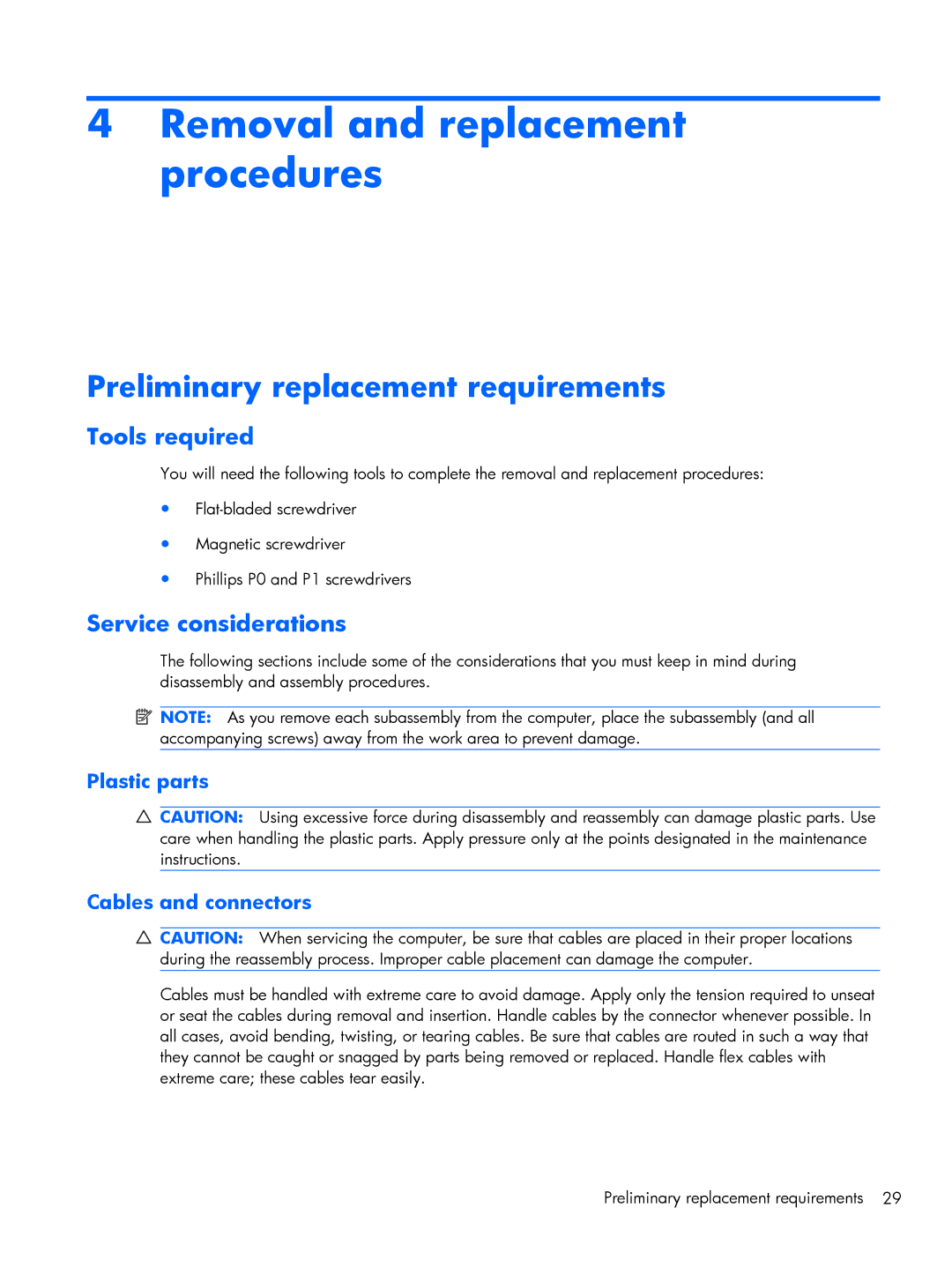 Compaq 102, CQ10 manual Removal and replacement procedures, Preliminary replacement requirements, Tools required 