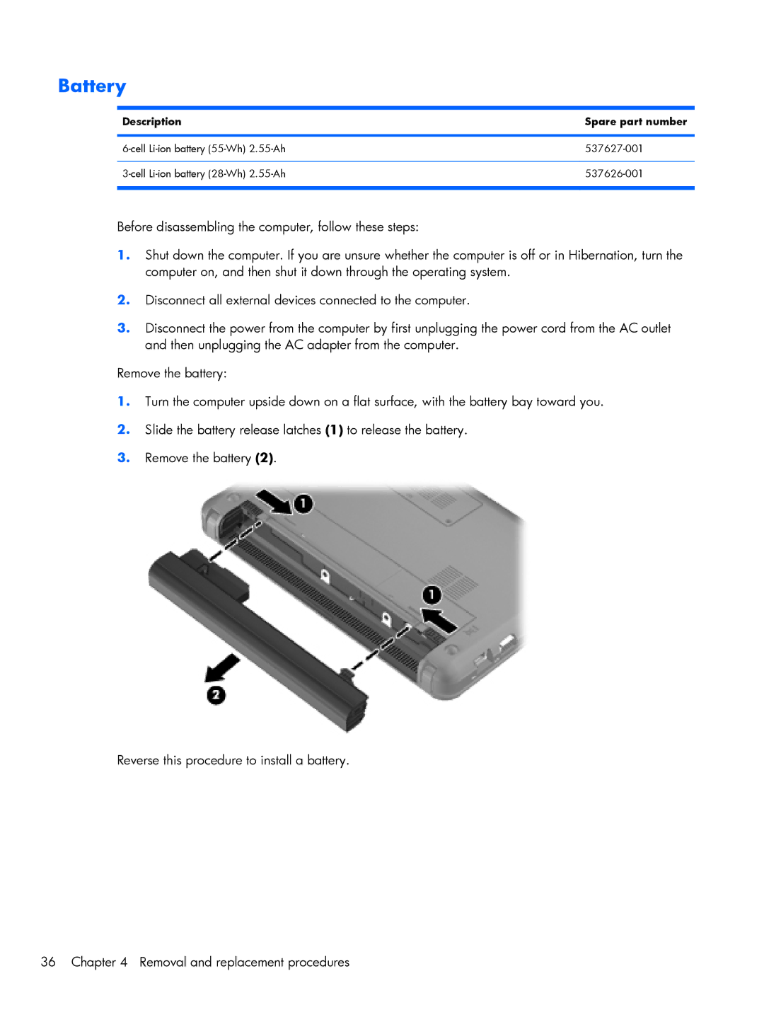 Compaq CQ10, 102 manual Battery, Description Spare part number 