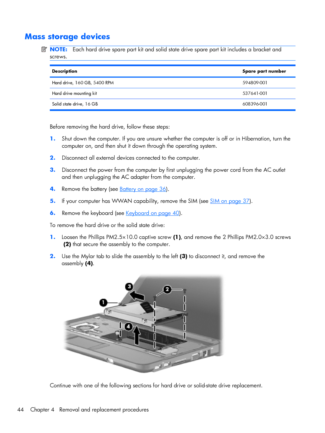 Compaq CQ10, 102 manual Mass storage devices, Description Spare part number 