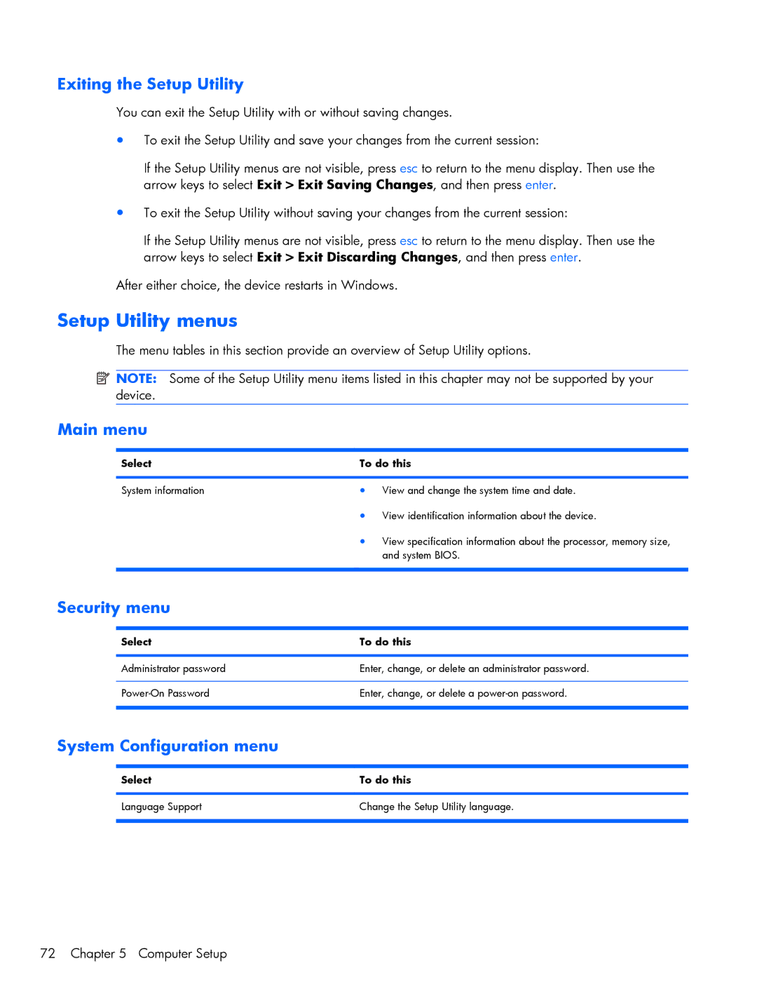 Compaq CQ10, 102 manual Setup Utility menus, Exiting the Setup Utility, Main menu, Security menu, System Configuration menu 