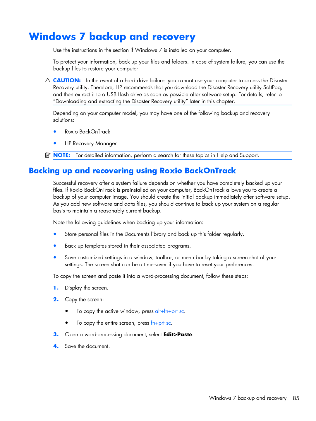 Compaq 102, CQ10 manual Windows 7 backup and recovery, Backing up and recovering using Roxio BackOnTrack 