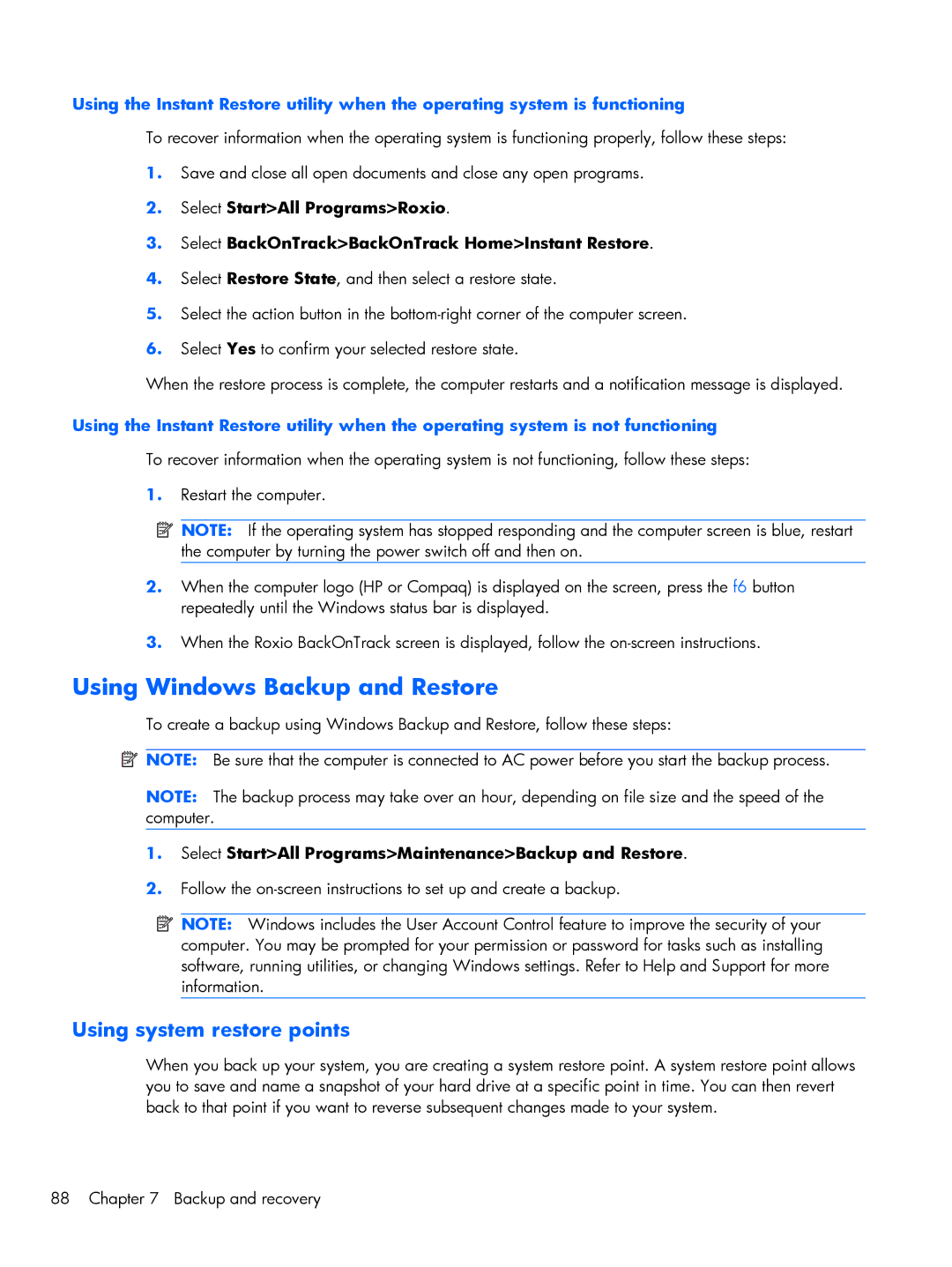 Compaq CQ10, 102 manual Using Windows Backup and Restore, Using system restore points 