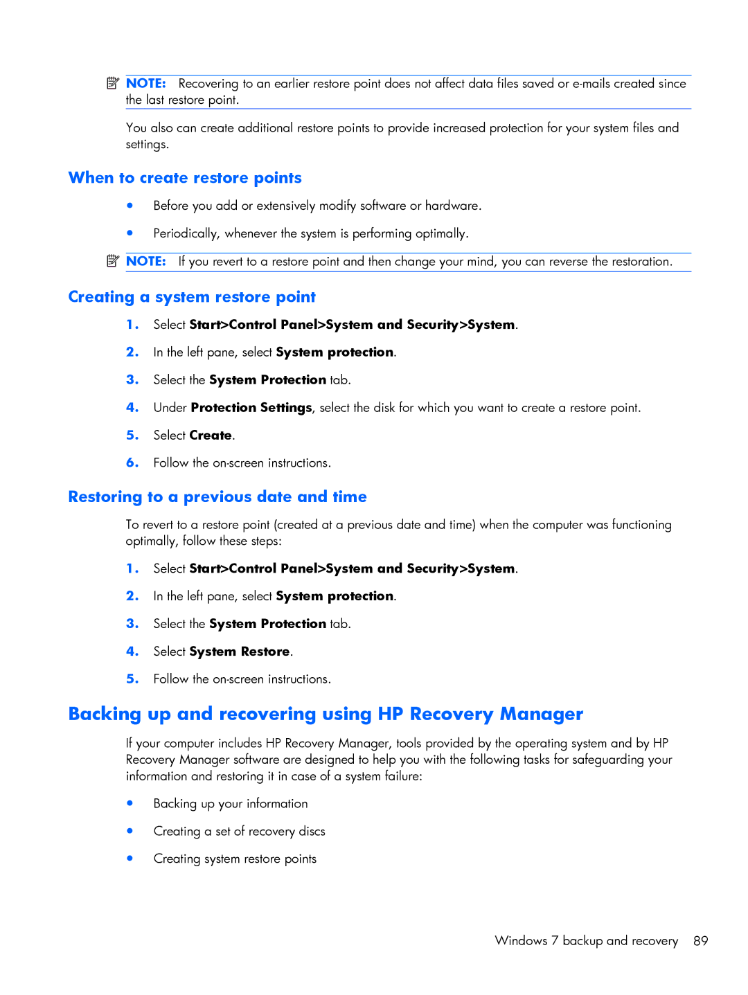 Compaq 102, CQ10 manual Backing up and recovering using HP Recovery Manager, When to create restore points 