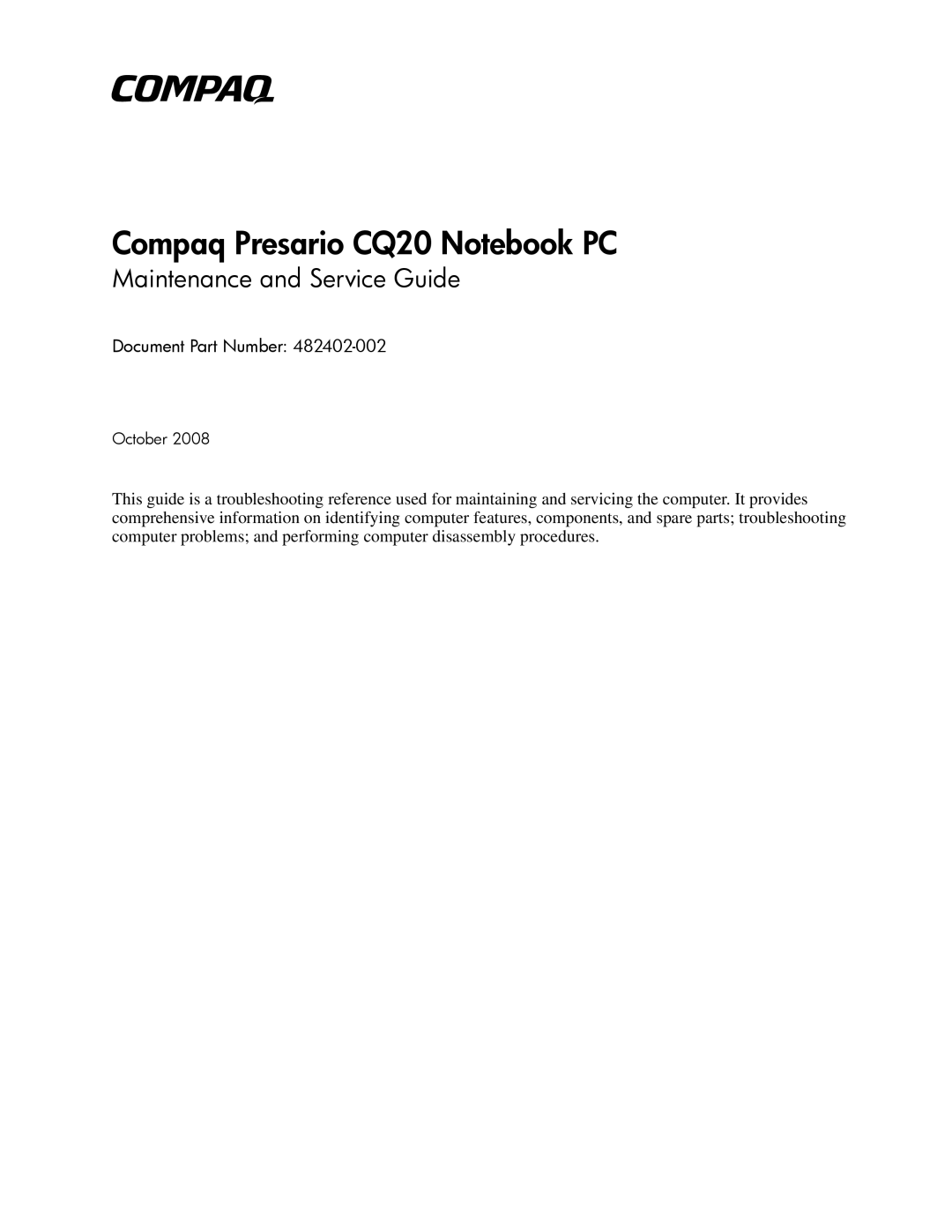 Compaq manual Compaq Presario CQ20 Notebook PC, Maintenance and Service Guide 