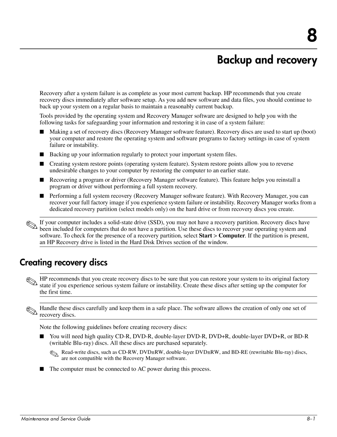 Compaq CQ20 manual Backup and recovery, Creating recovery discs 