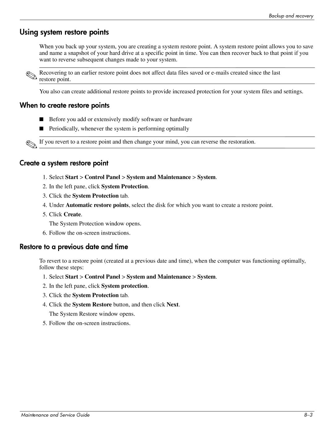 Compaq CQ20 manual Using system restore points, When to create restore points 