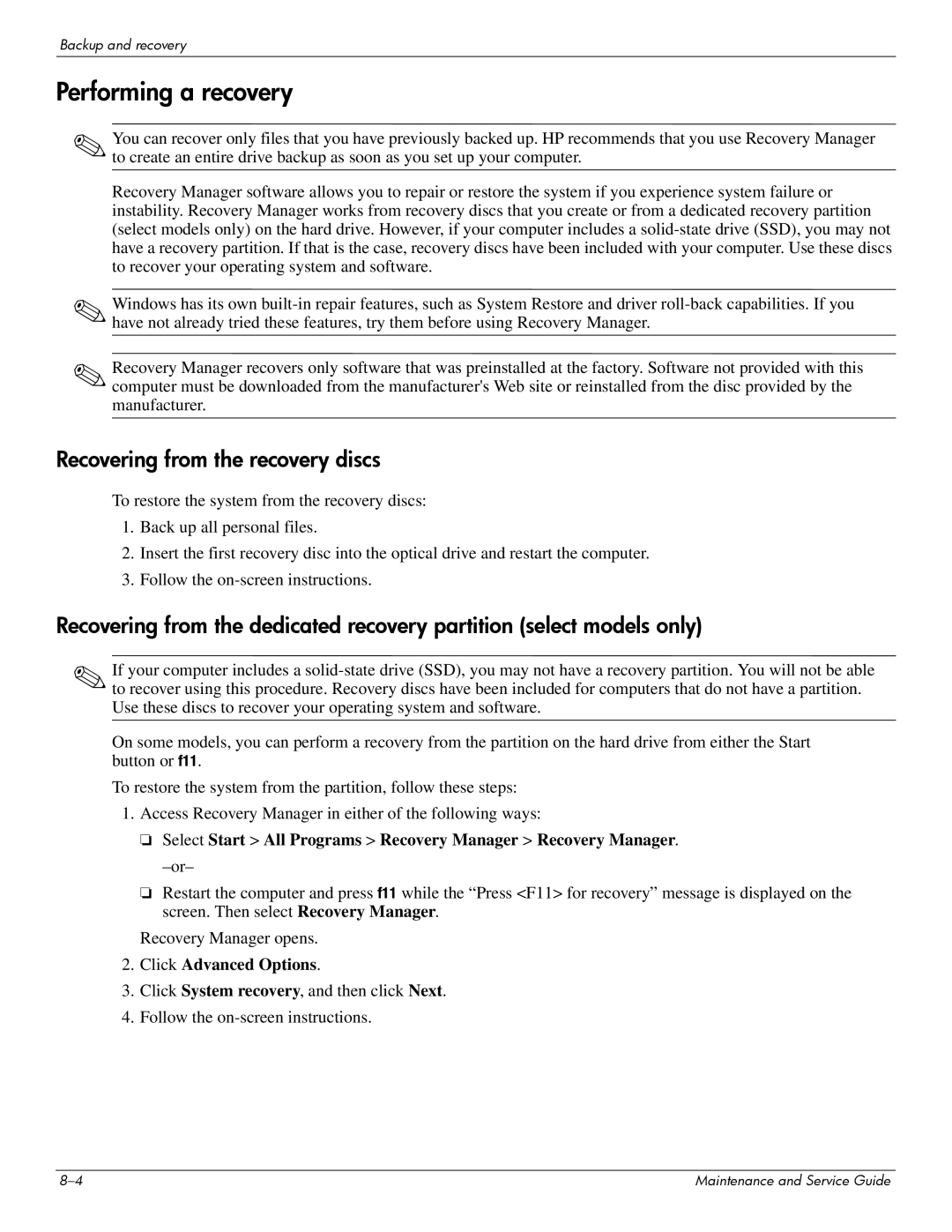 Compaq CQ20 manual Performing a recovery, Recovering from the recovery discs 