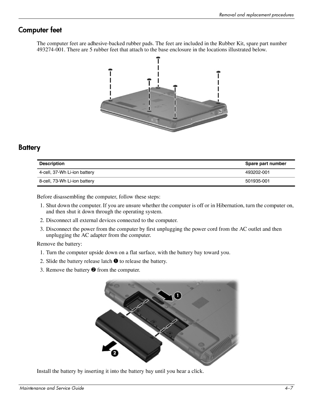 Compaq CQ20 manual Computer feet, Battery 