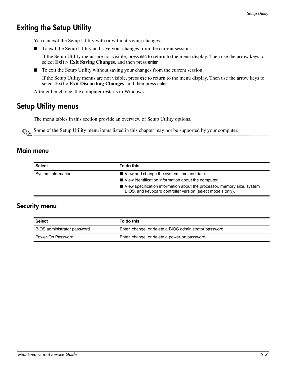 Compaq CQ20 manual Exiting the Setup Utility, Setup Utility menus, Main menu, Security menu, Select To do this 