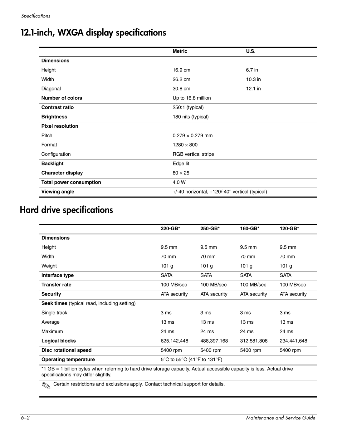 Compaq CQ20 manual Inch, Wxga display specifications, Hard drive specifications 