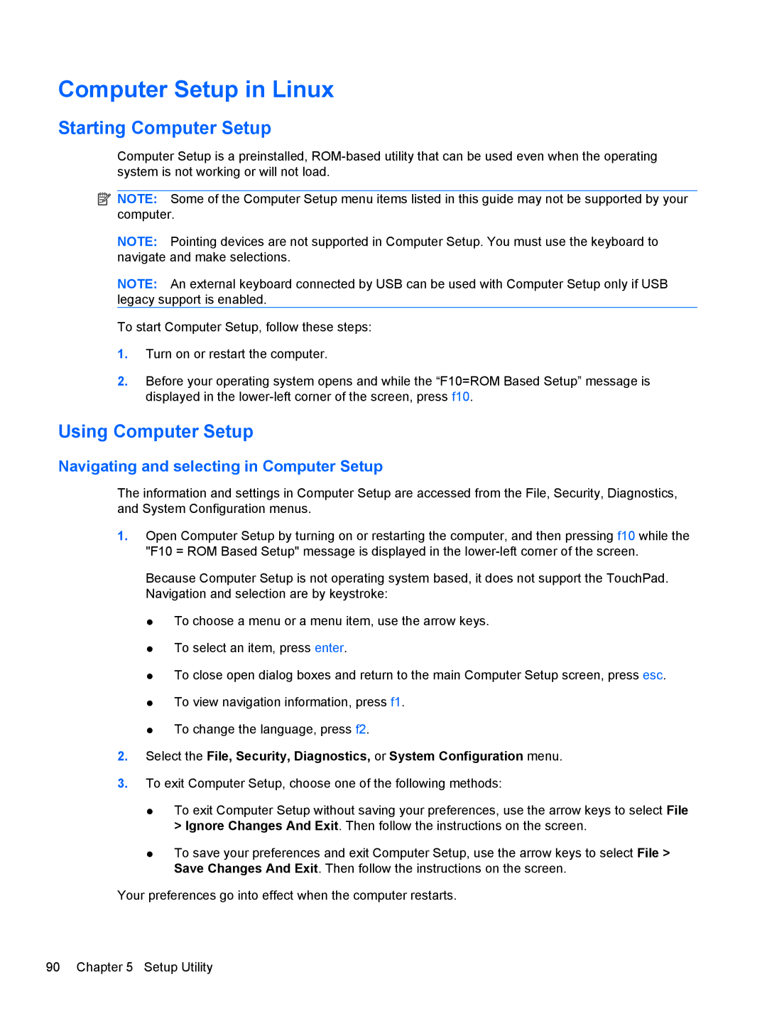 Compaq CQ42 manual Computer Setup in Linux, Starting Computer Setup, Using Computer Setup 