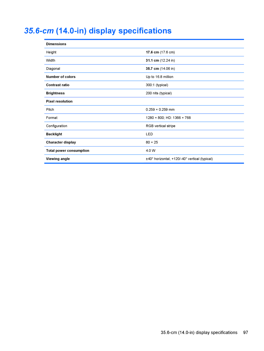 Compaq CQ42 manual 35.6-cm14.0-in display specifications 