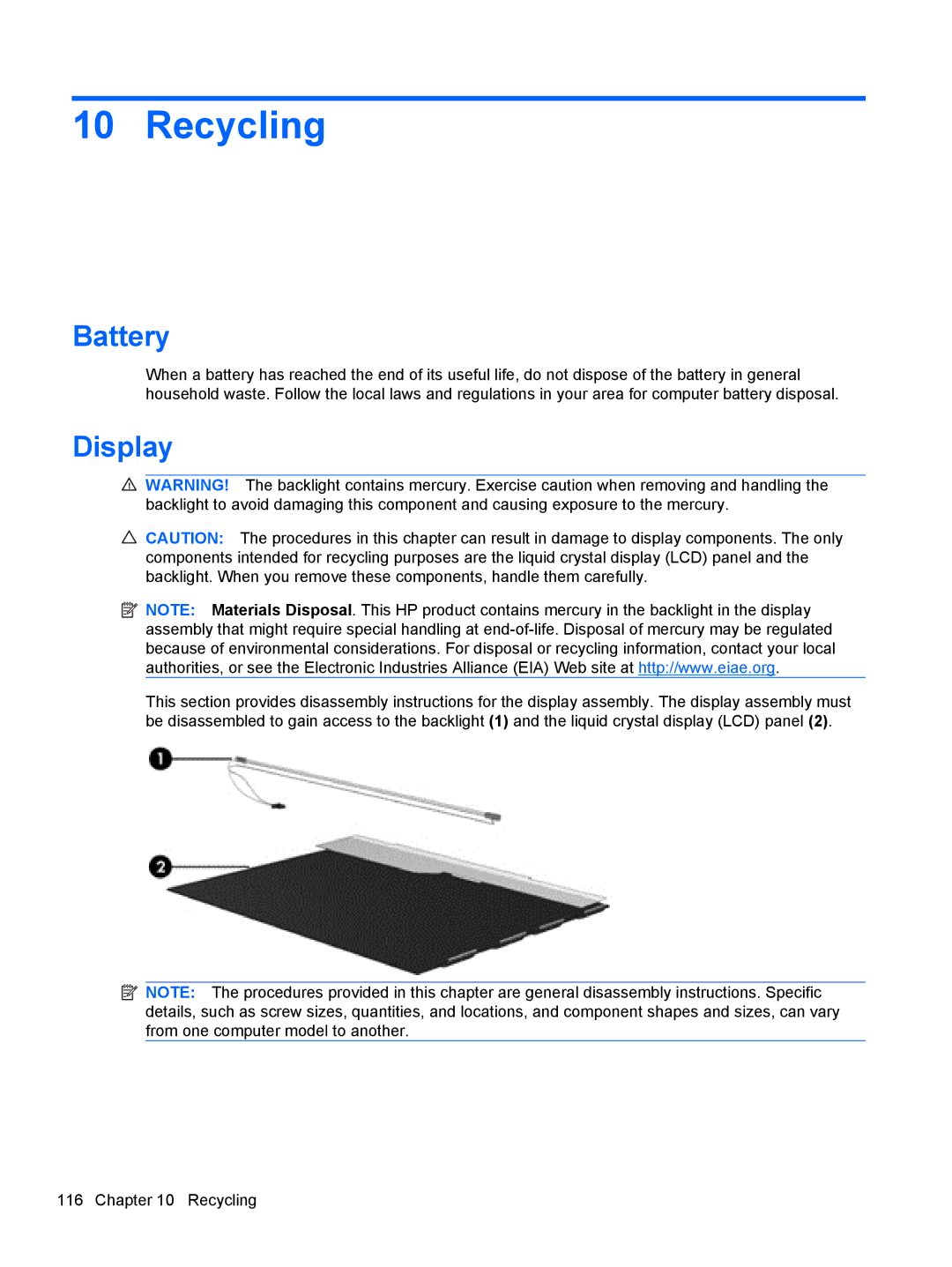 Compaq CQ42 manual Recycling, Battery, Display 