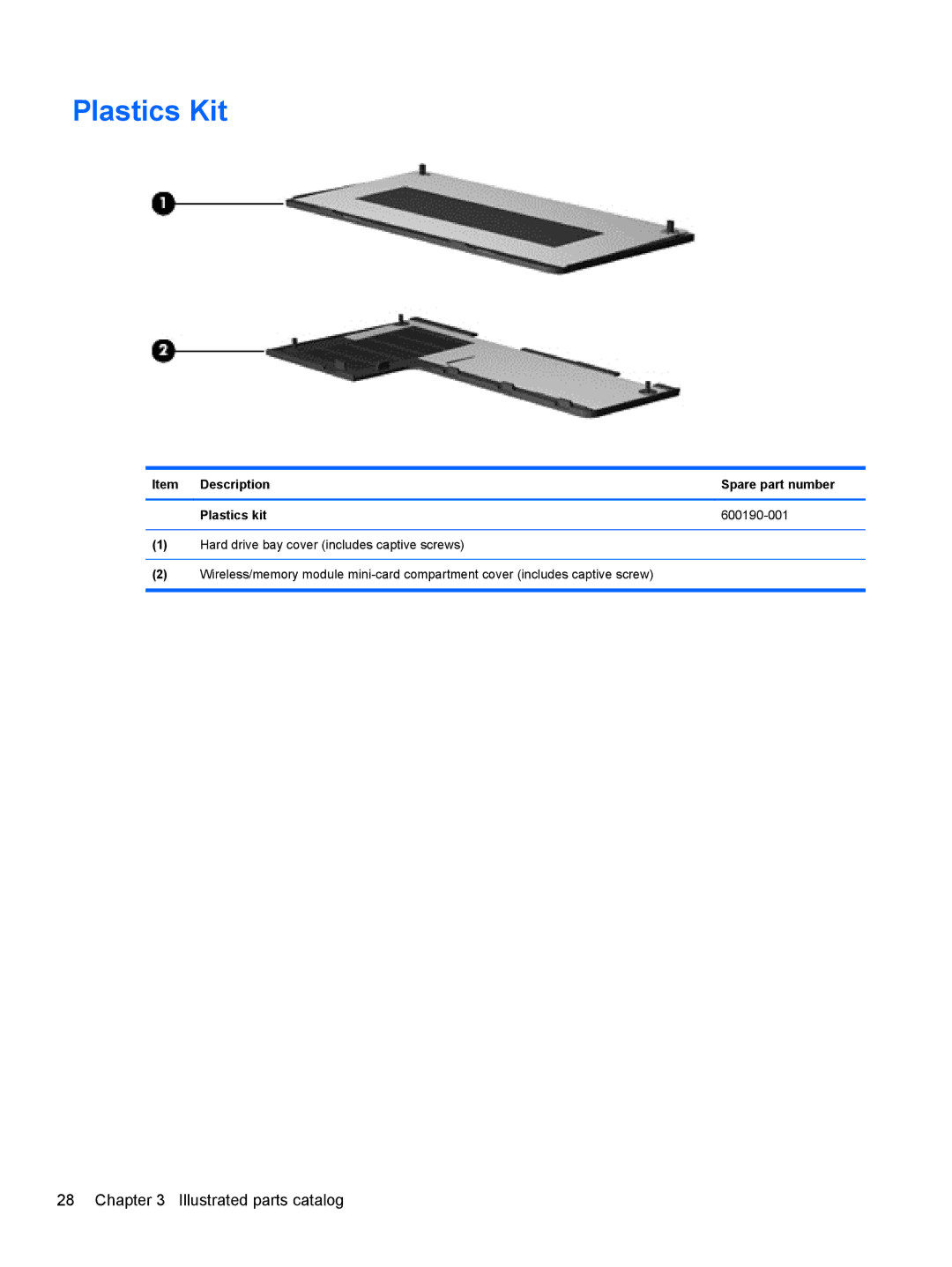 Compaq CQ42 manual Plastics Kit, Item Description Spare part number Plastics kit 600190-001 