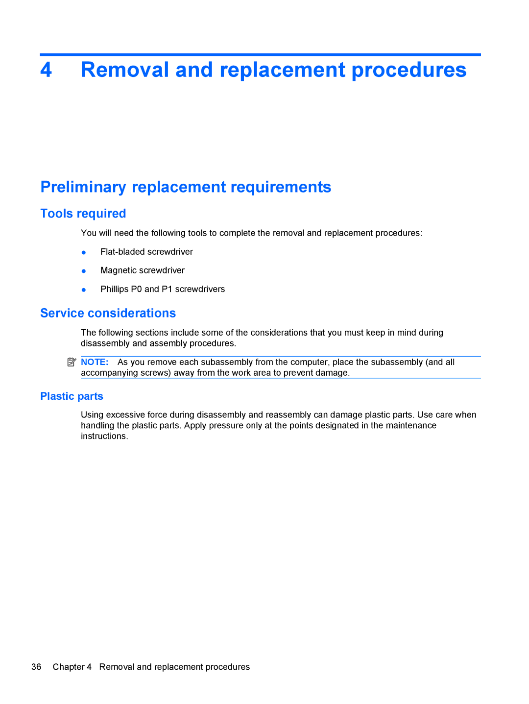 Compaq CQ42 manual Removal and replacement procedures, Preliminary replacement requirements, Tools required, Plastic parts 