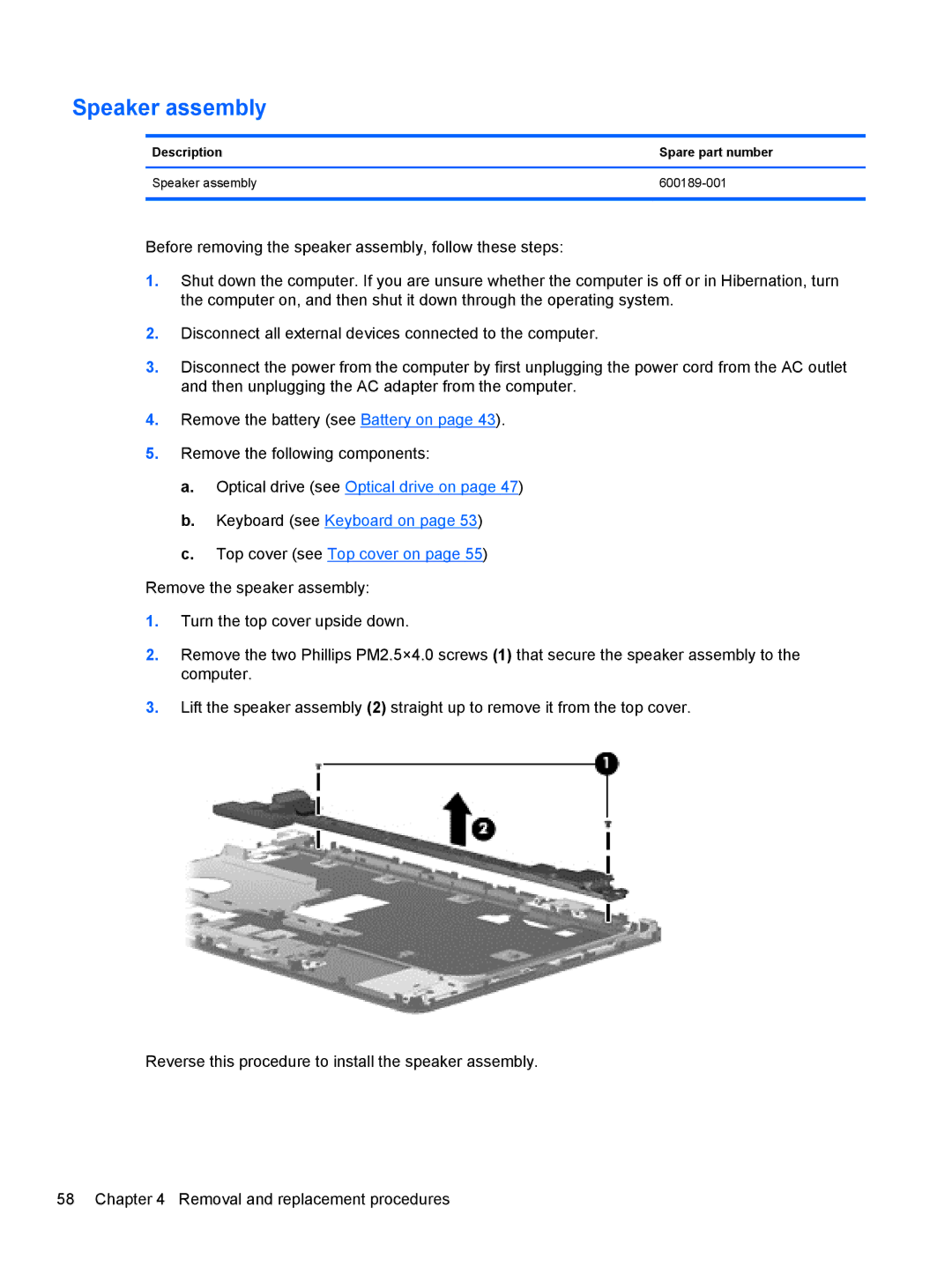 Compaq CQ42 manual Description Spare part number Speaker assembly 600189-001 