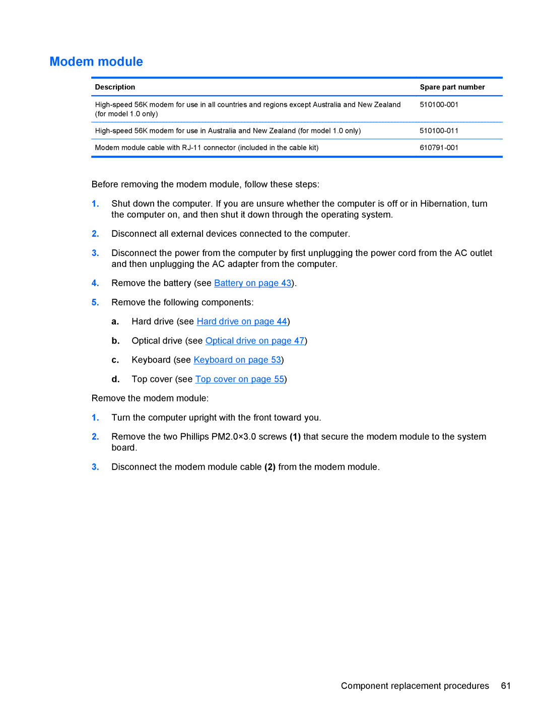 Compaq CQ42 manual Modem module, Description Spare part number 