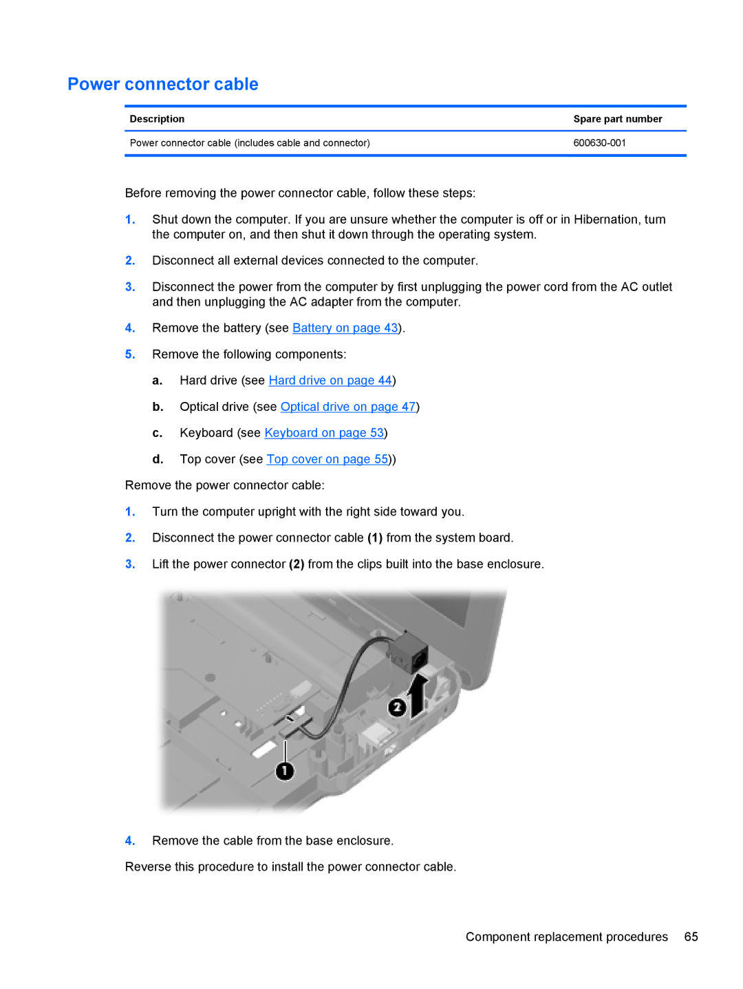 Compaq CQ42 manual Power connector cable 