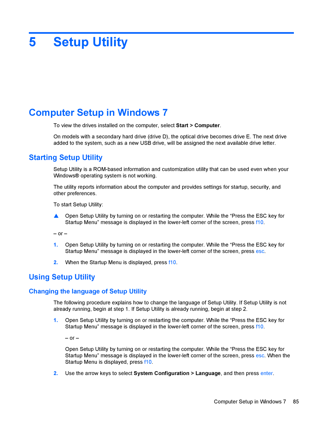 Compaq CQ42 manual Computer Setup in Windows, Starting Setup Utility, Using Setup Utility 