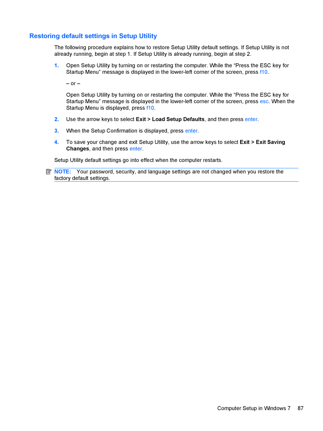 Compaq CQ42 manual Restoring default settings in Setup Utility 