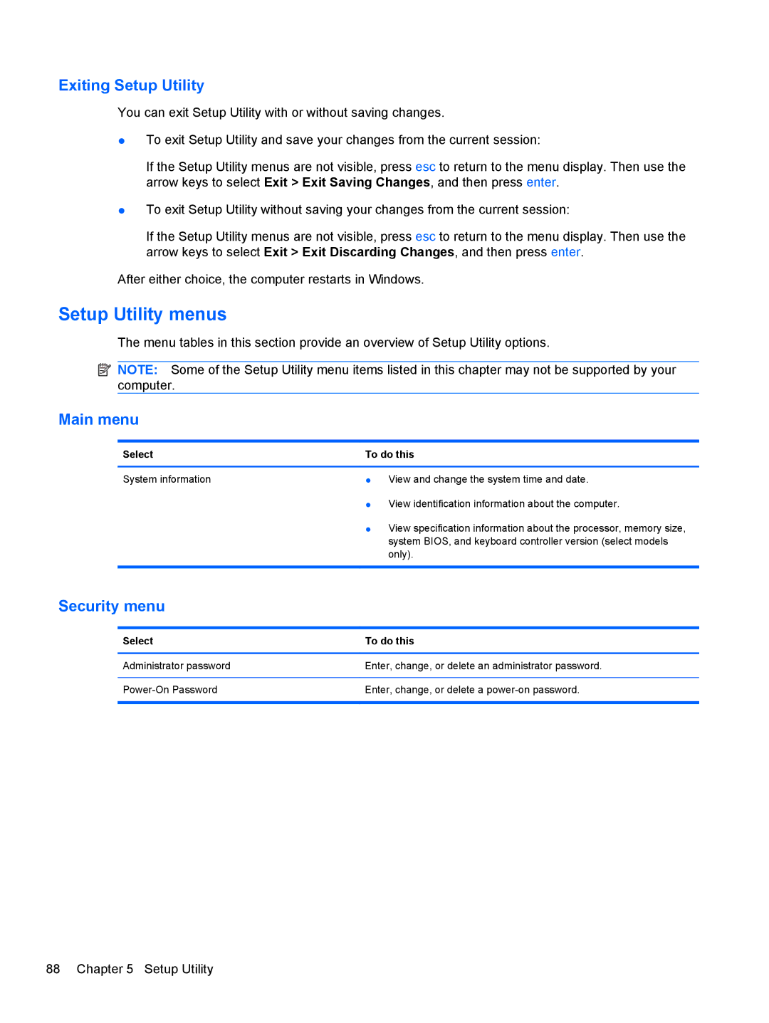 Compaq CQ42 manual Setup Utility menus, Exiting Setup Utility, Main menu, Security menu, Select To do this 