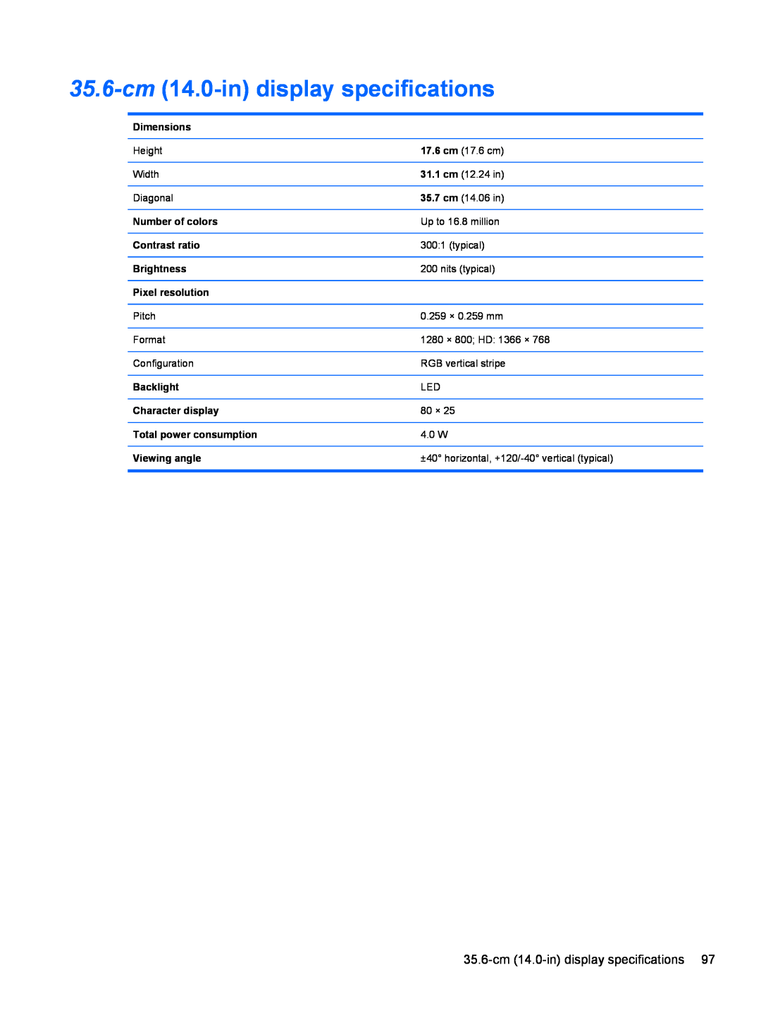 Compaq CQ42 manual 35.6-cm 14.0-in display specifications 
