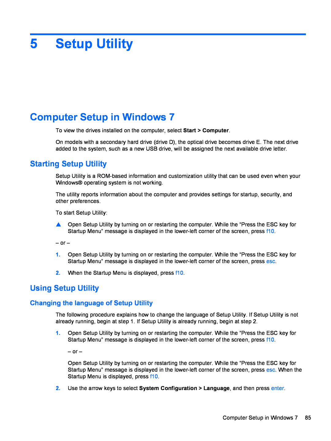 Compaq CQ42 manual Computer Setup in Windows, Starting Setup Utility, Using Setup Utility 
