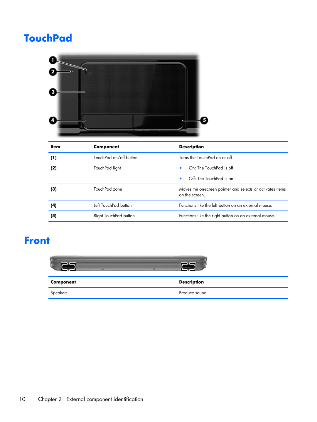 Compaq CQ58 manual TouchPad, Front, Component Description Speakers Produce sound 