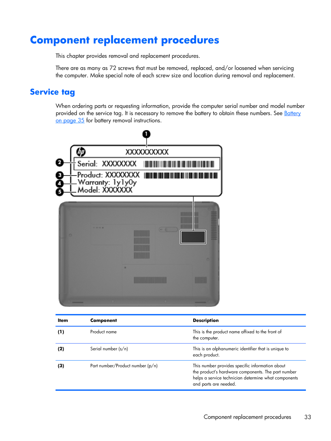 Compaq CQ58 manual Component replacement procedures, Service tag 