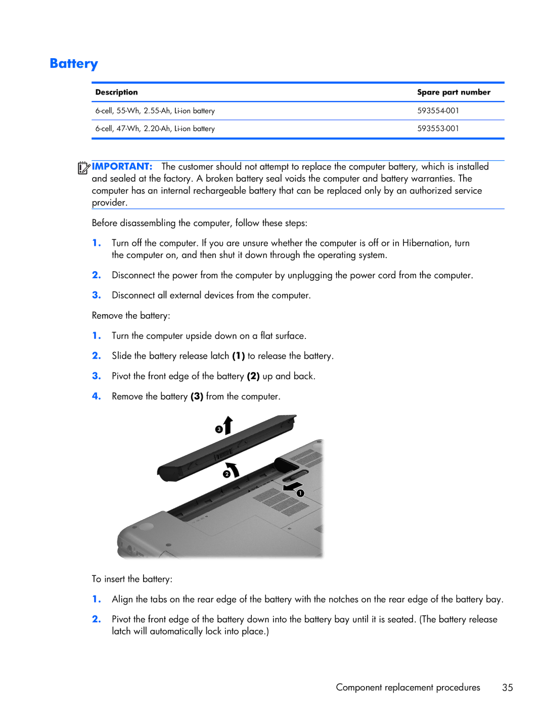 Compaq CQ58 manual Battery, Description Spare part number 