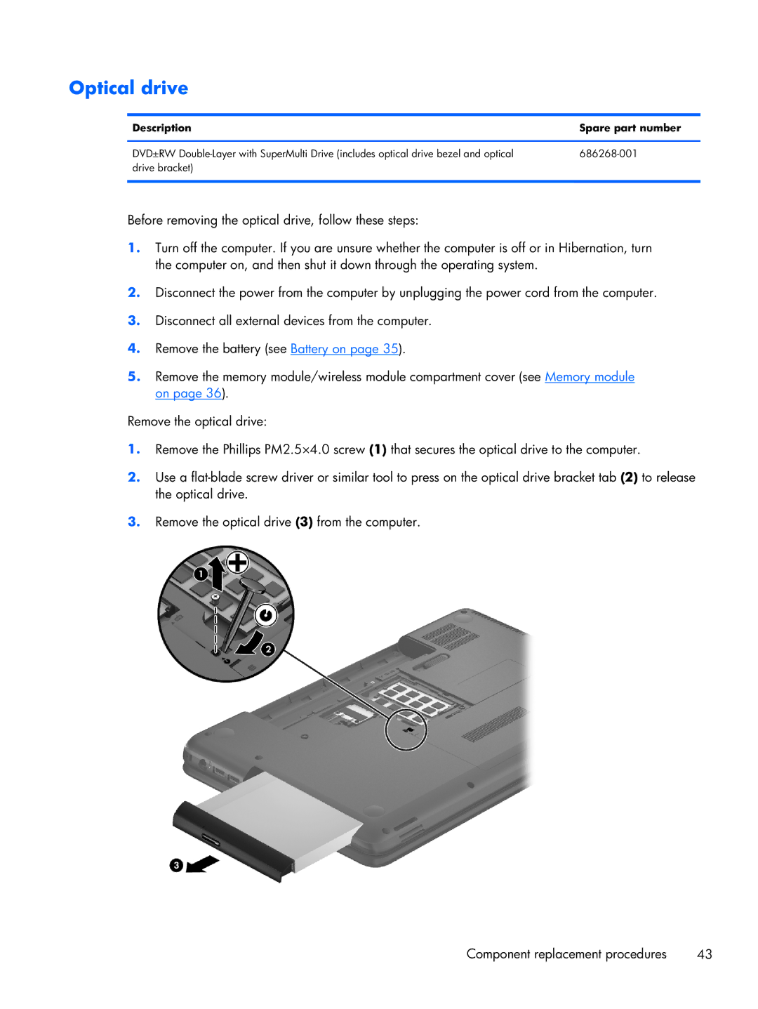 Compaq CQ58 manual Optical drive, Description Spare part number 