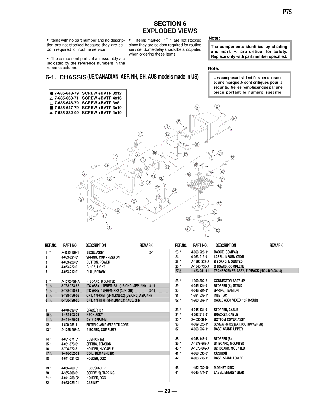 Compaq D-1H specifications Section Exploded Views, Chassis US/CANADIAN, AEP, NH, SH, AUS models made in US 