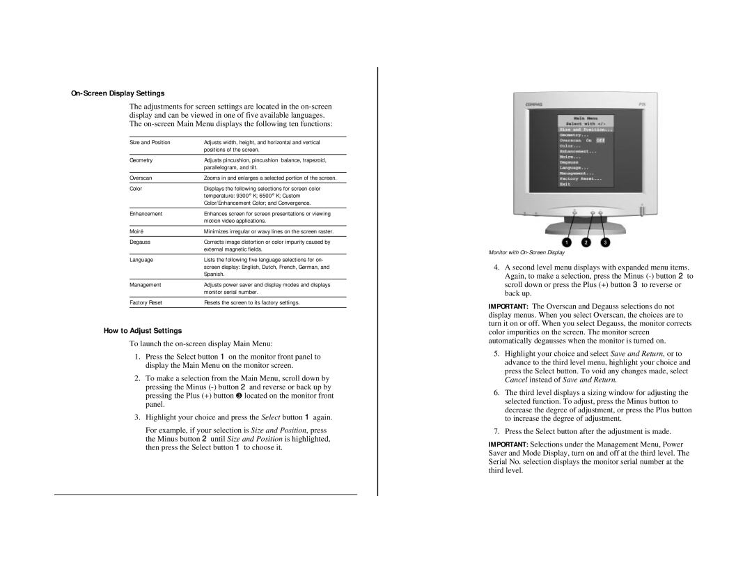 Compaq D-1H specifications On-Screen Display Settings 